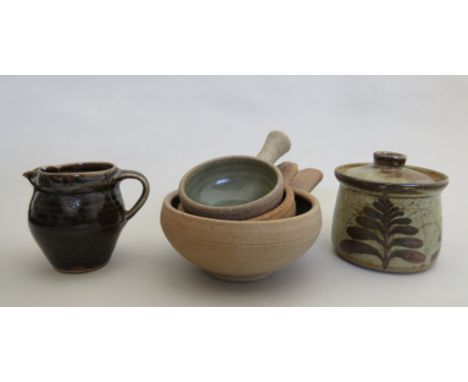 Five St Ives/David Leach items including preserve pot (a/f) jug and dishes 