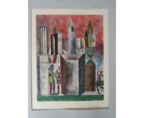 FRENCO GENTILINI (Italian 1909 - 1981):Cathedral with dancer and lovers, lithograph 42/75, signed in pencil, 58cm x 44.4cm 
