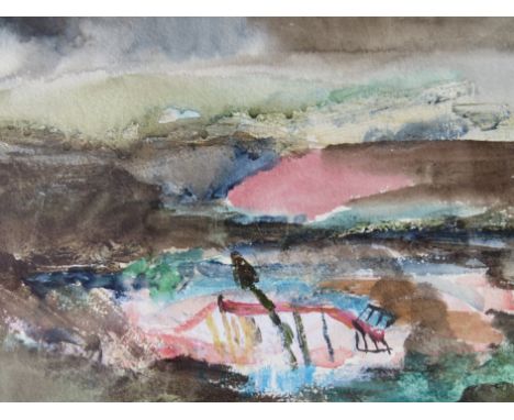 FRANK CREBER (b 1959) watercolour 'Landscape with Arrow' dated 1987 with Contemporary Art Society label verso.  20cm x 25cm  