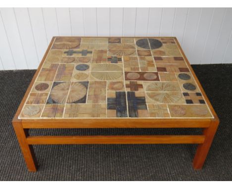 A Danish coffee table designed by Willy Beck with ceramic tile top  by Tue Poulson, signed.  102cm x 102cm x 40cm