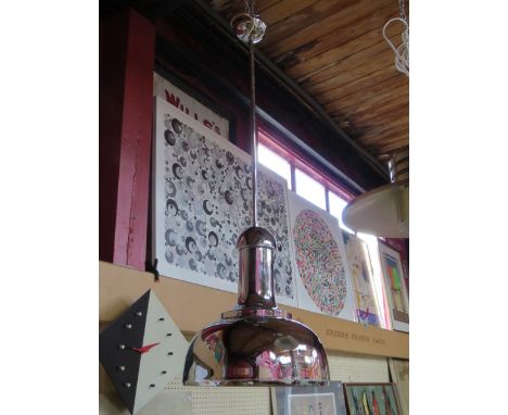 A large chromed ceiling pendant light, approximately 120cm drop 