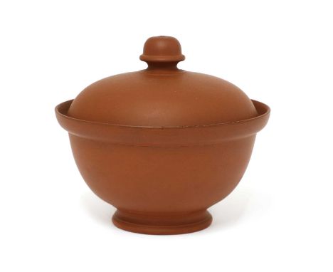 A Staffordshire redware ogee-shaped round sucrier and domed cover,c.1770, with a turned knop,11cm high (2)Provenance: Acquire