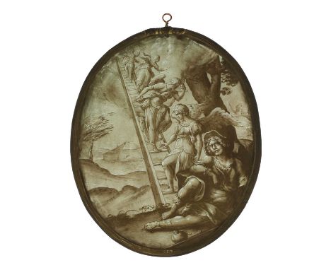 A Schwarzlot glass oval panel, late 19th century, depicting Jacob's Ladder, Genesis 28, 25 x 20cmCondition report: Good condi