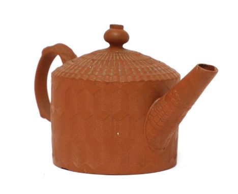 A Staffordshire redware miniature cylindrical teapot and cover,c.1770, with a reeded leaf moulded loop handle and conical spo