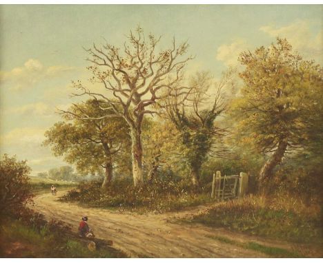 John Moore of Ipswich (1820-1902)A country lane with figures and a gate signed and dated 'J Moore / Oct.1885' l.r., oil on ca
