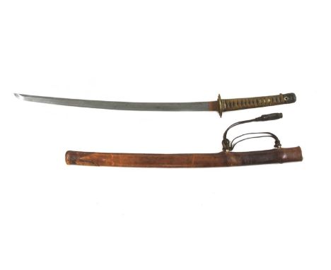 A Japanese WWII naval issue kai gunto,in a leather-covered black steel scabbard, with 26in (66cm) blade,99cm longCondition re