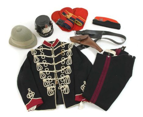 Various military uniform and headgear,to include a Queen's Own Oxfordshire Horse dress tunic and trousers, modern pith helmet