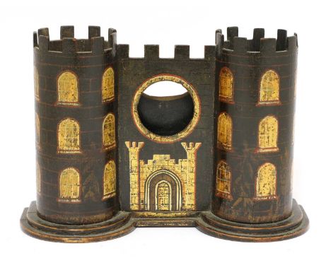 A Tunbridgeware white wood watch stand,early 19th century, in the form of a castle entrance guarded by two cylindrical crenel