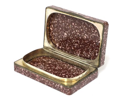 A porphyry box,19th century, probably St Petersburg, with white metal mounts and a hinged lid,8.5cm longCondition report: See
