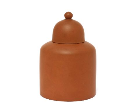 A rare Staffordshire redware straight-sided tea canister and domed cover,c.1764-69, with a ball knop, attributed to Brickhous