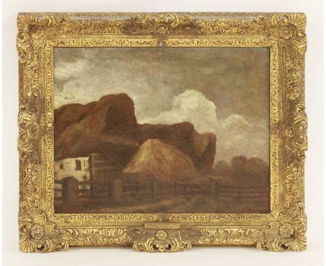 John Crome (1769-1821)A thatched farmhouse by paddock railsoil on millboard44 x 54.5cm, in a carved and gilded frameProvenanc