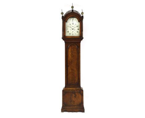 A mahogany longcase clock by Abraham Weston, Lewes,early 19th century, the arched silvered dial inscribed 'Weston, Lewes', wi