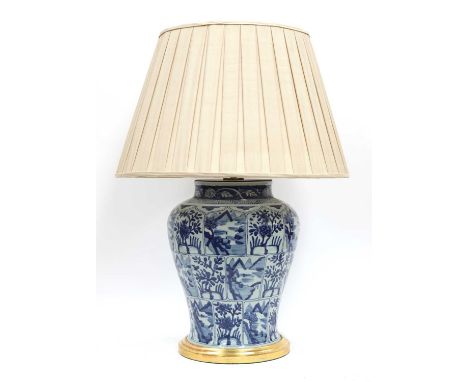 A large Japanese-style porcelain baluster table lamp,contemporary, by Vaughan Designs, painted in underglaze blue with altern