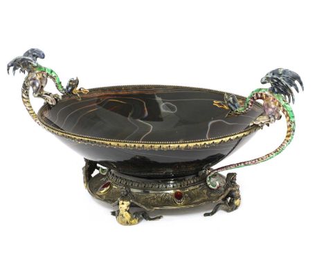 An Austro-Hungarian agate, silver gilt and enamel-mounted bowl,late 19th/early 20th century, of oval shape, with a beaded rim