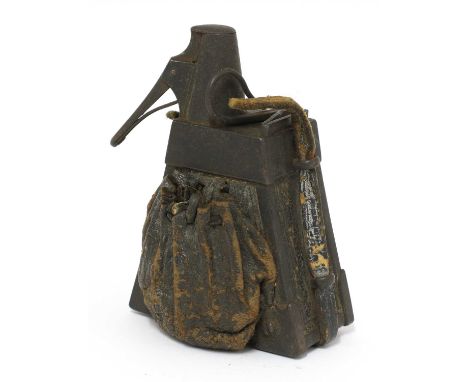 A German wheel lock wood flask, 17th century, triangular shape and mounted with iron fittings and a leather side pouch,12.5 x