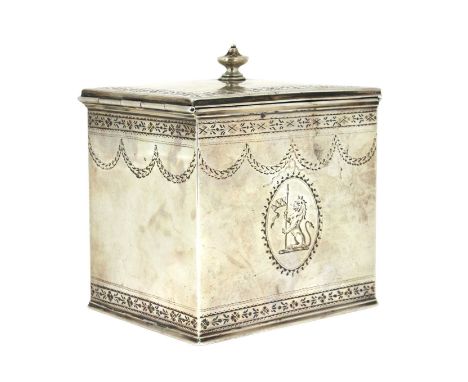 A George III silver tea caddy,by Charles Aldridge &amp; Henry Green, London 1784, of rectangular form, the hinged cover with 