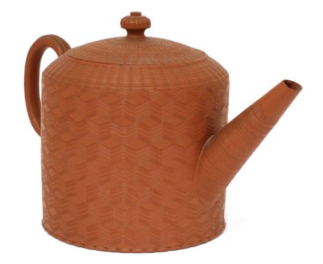 A Staffordshire redware cylindrical punch pot and cover,c.1770, with a basket moulded loop handle, conical spout, turned knop