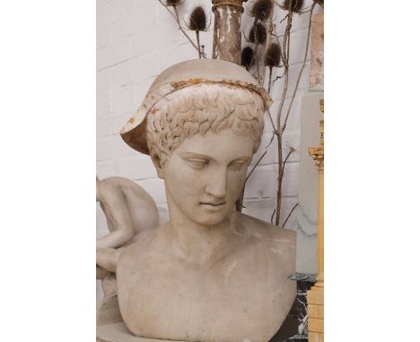 A grand tour white marble bust of Mercury,19th century, the god with a downcast gaze, wearing a shallow helmet,48cm highMercu