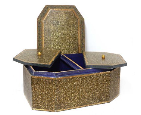 An exceptionally large Kashmir lacquered caddy,c.1870, the wood, gesso and lacquer decorated all-over in gilt with stylised f