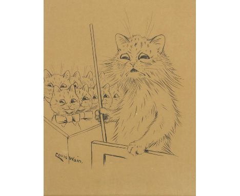 Louis Wain (1860-1939)'The Usher and the Jury'signed l.l., indistinctly inscribed l.c., pen and ink on buff paper41.5 x 32.5c