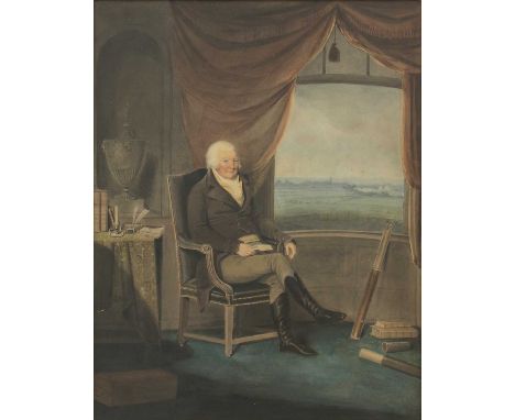 Attributed to Henry Edridge ARA (1768-1821)Portrait of a gentleman seated in his study, a telescope and books beside him, bef