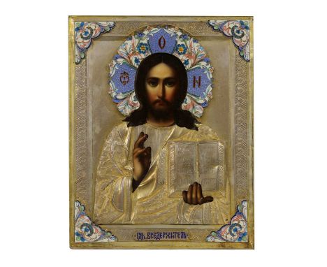 A parcel-gilt and cloisonné enamel icon of Christ Pantocrator, maker’s mark Cyrillic E. Tch, possibly Moscow, 1899-1908,Chris