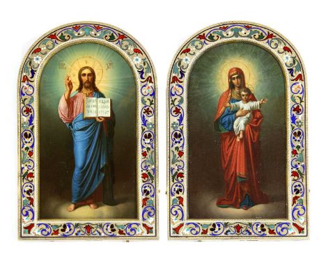 A pair of silver gilt and enamel wedding icons of the Mother of God and Christ Pantocrator,maker’s mark Cyrillic IR, St Peter