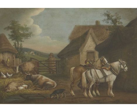 Attributed to Benjamin Zobel (German, 1762-1830)A farmyard scene with two heavy horses, cattle, pigs, chickens and a dog, a f