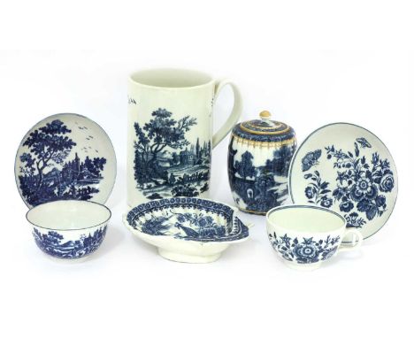A Worcester blue and white mug, 1775-1785, printed in 'The European Landscape Group' pattern,14.5cm high, a Worcester blue an