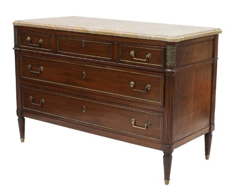 A French mahogany commode,c.1800, the shaped, veined marble top over three short drawers, two long drawers and turned support