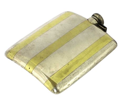 An American Prohibition sterling silver and gold inlay hip flask,of curved, rounded rectangular form, with gold inlaid stripe