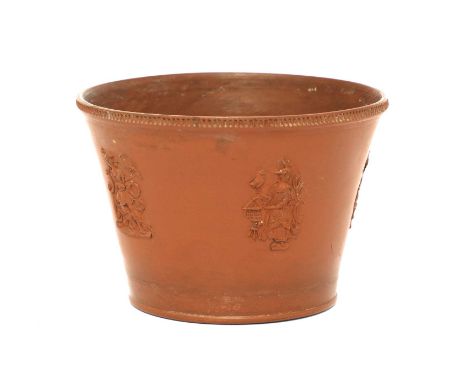 An unusual Staffordshire redware flared flowerpot,c.1770, applied with Chinese-style figures, beneath an engine-turned rim,7c