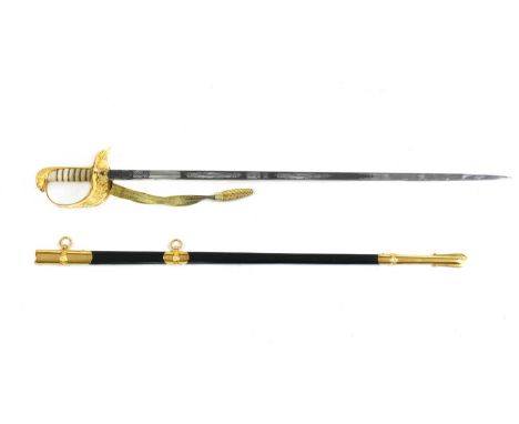 An Elizabeth II RAF dress sword, scabbard and ribbon, with a gilt brass guard bearing the RAF insignia, 110cm longThe propert