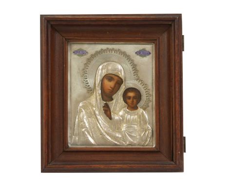 A silver gilt and enamel icon of the Mother of God of Kazan,maker’s mark AH, Moscow, 1899-1908,the Mother portrayed half-leng