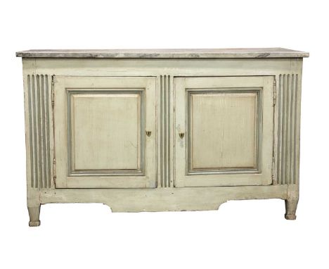 A French painted buffet,late 18th/early 19th century, the faux marble top above a pair of cupboard doors, with further doors 