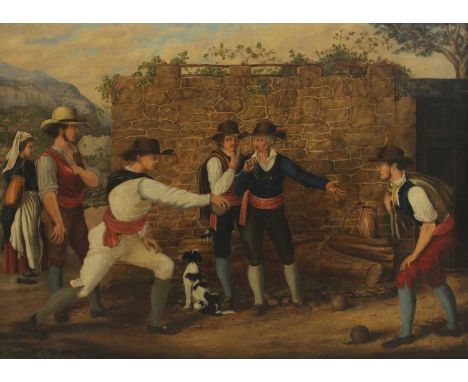 Austrian School, 19th centuryA group of men playing bocce by a wall, a mountainous landscape beyondoil on canvas92 x 124cmPro