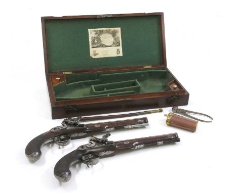 A cased pair of flintlock full stock duelling pistols by P Bond,late 18th century, the 10in (25.5cm) octagonal barrels with b