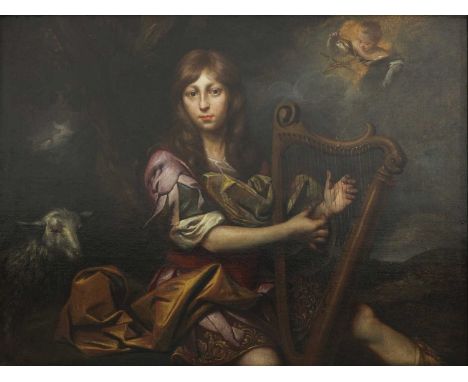 Jacob Huysmans (Flemish, c.1630-1696)Portrait of a young nobleman as King David, playing a harp, a sheep beside him, possibly