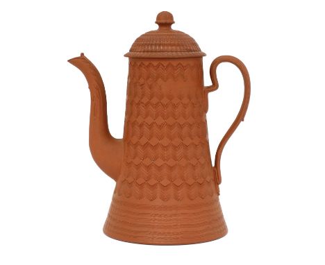 A rare Staffordshire redware tapering-sided coffee pot and domed cover,c.1780, of silver form, with a leaf moulded handle and