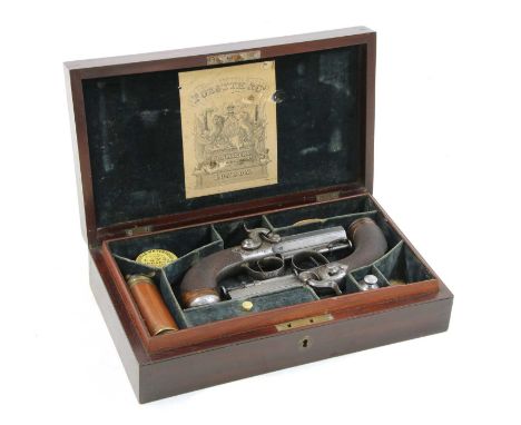 A cased pair of percussion travelling pistols by Forsyth &amp; Co, c.1835, the actions, trigger guards and barrels with line 