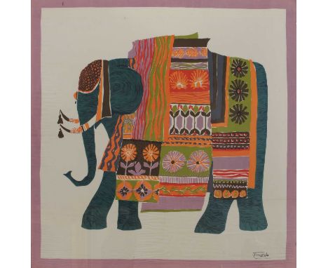 An Indian scarf,20th century, printed with a caparisoned elephant, signed indistinctly,88 x 86cm, in a clip frame Provenance:
