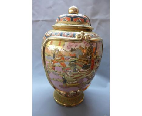 A 20th century Japanese ceramic temple jar and cover, decorated with warriors, H.39cm 