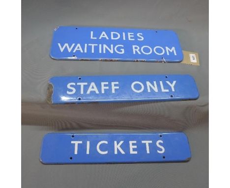 Three vintage blue enameled train station signs 