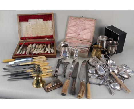 A large collection of silver plate including mother of pearl handled dessert set and other items of silver plate, metal ware 