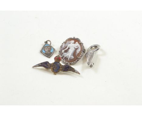 Silver RAF observers half wing sweetheart brooch, gilt & enamel Royal Flying Corps brooch, 800 silver & cameo brooch & a Lour