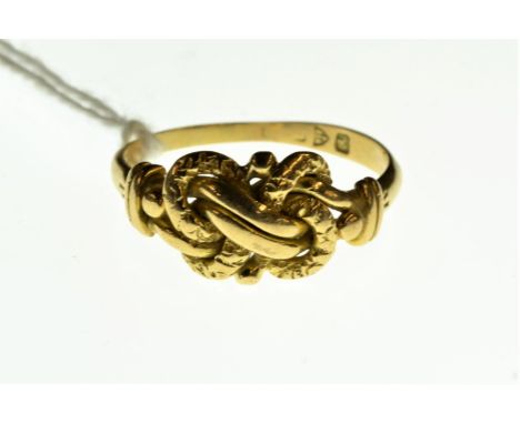 Gold knot ring, marks rubbed, tests positive for 18ct gold, size T, 5.27 gramsThinning to band 