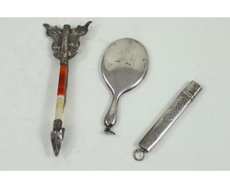 HM silver pencil holder, HM silver miniature hand mirror & a white metal & banded agate broochsilver hallmarks marks rubbed t