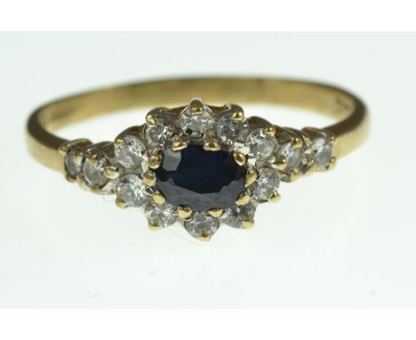 9ct gold, sapphire & white stone cluster ring, size S1/2, 2.49 grams 