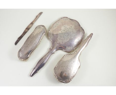 Silver four piece dressing table set, marked Western Germany Sterling Silver 925/000silvering to mirror & comb missing 