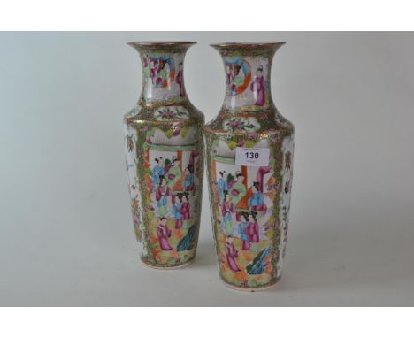 Pair of Chinese Canton famille rose vases, 19th century, 30cm highone vase with minute nick to rim & both with light rubbing 